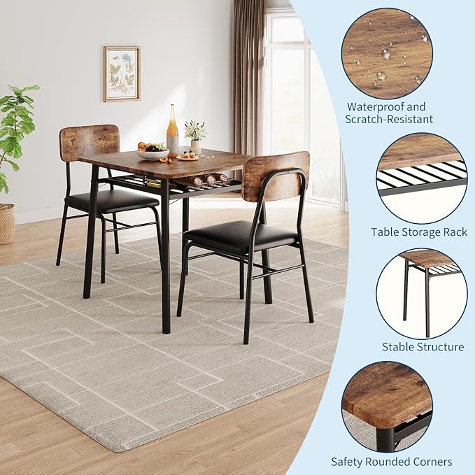 GarveeHome Dining Table for 2 with Storage Rack, Small Kitchen Table for 2 with Metal Frame, Square Table with Upholstered Chairs Set of 2, 3-Piece Dining Room Set for Small Space, Apartment, Brown