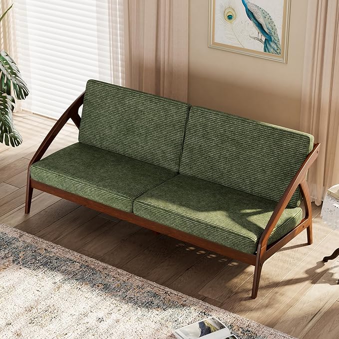 73.4" Solid Wood Upholstered Sofa, Comfortable Seat Cushion, White Waxwood Full Solid Wood Frame, Removable Cover, Suitable for Bedroom and Living Room, Easy to Assemble, Office Sofa