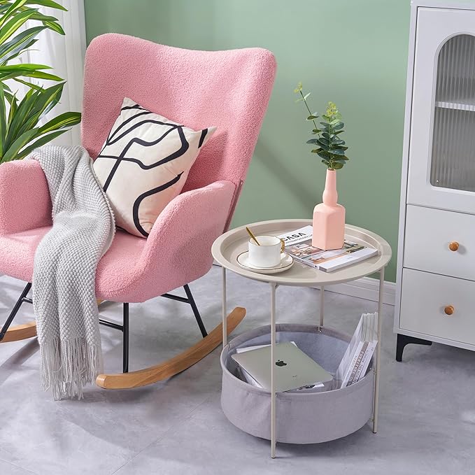 VECELO Round Side/End Table with Fabric Storage Basket，Metal Anti-Rust and Waterproof Small Bedside Nightstand with Removable Tray Top for Living Room，Balcony & Laundry，Grey /2pcs with Basket