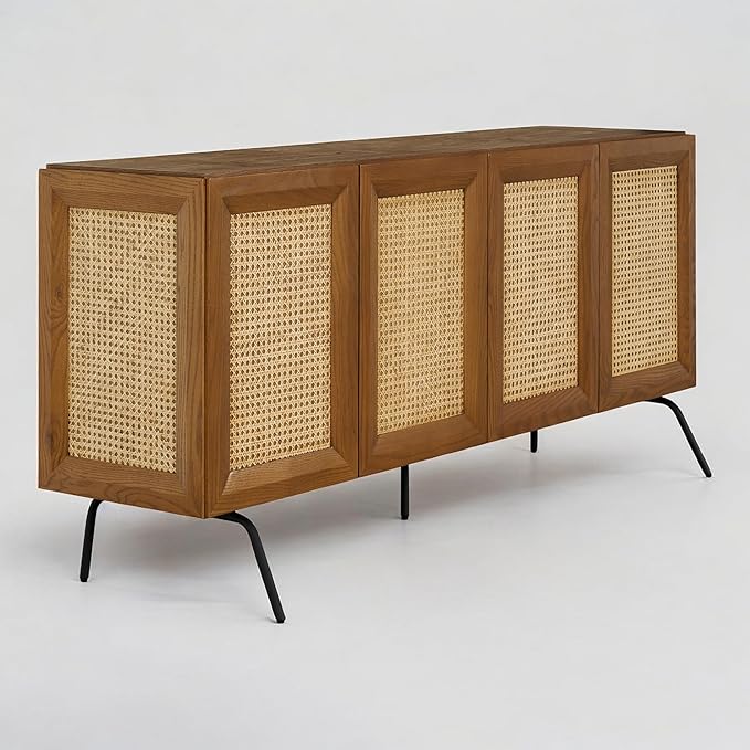 NTC MOSSIC Modern Sideboard with 4 Doors, Natural Rattan Storage Cabinet, Buffet with Metal Legs, Boho Accent Cabinet for Living Room, and Entryway, Effortless Assembly - Rustic Oak