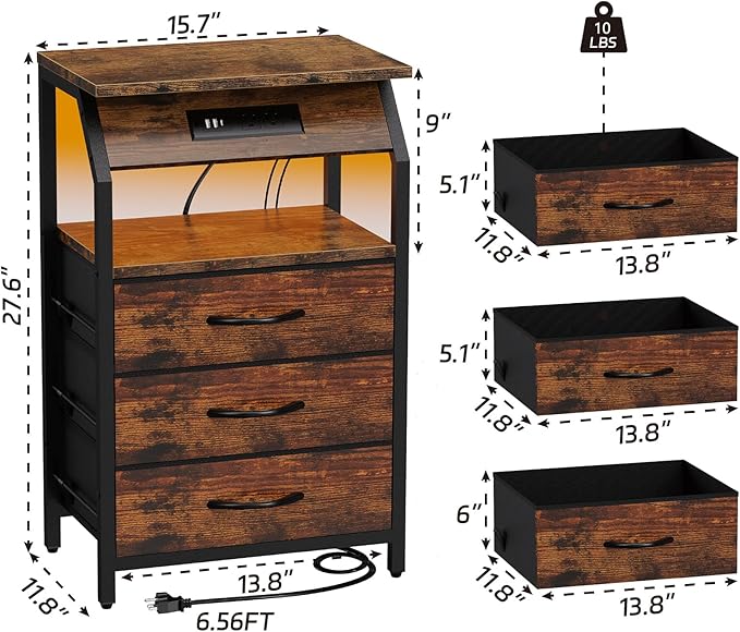 End Table with Charging Station, Nightstand with LED Lights and 3 Drawers, Small Dresser with Fabric Storage, Retro Side Table for Bedside, Living Room Dorm, Rustic Brown