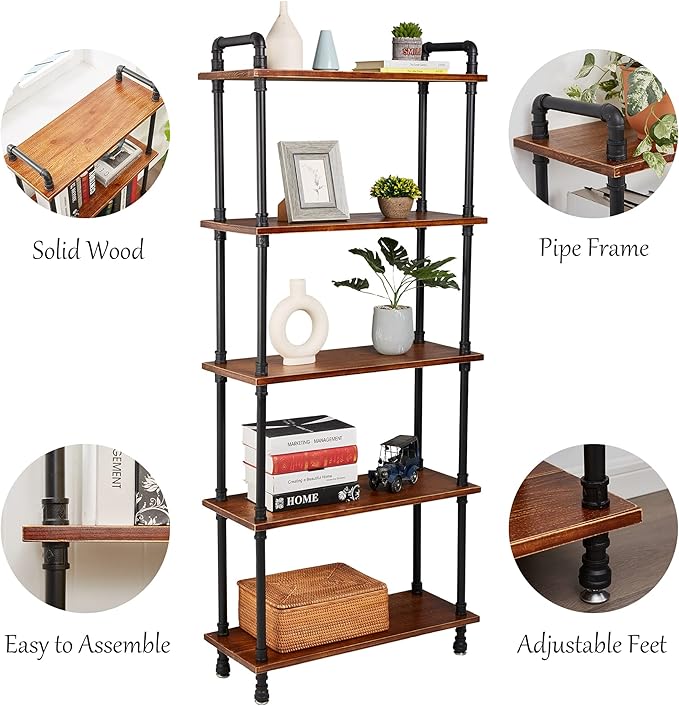 Industrial Bookshelf, 5 Shelf Bookcase, Rustic Brown Pipe Shelving (29.5" L x 11.8" W x 70" H)