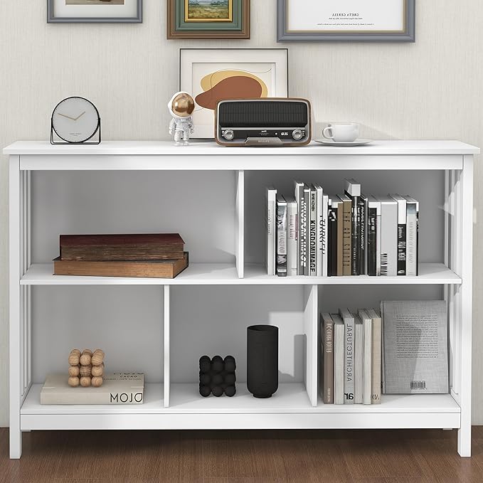 TaoHFE Horizontal Bookshelf - Modern Minimalist 2-Tier Book Shelf with Storage, Short Wide Wood Bookshelf for Classroom, Office, Living Room or Study, White