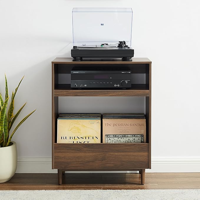Crosley Furniture Liam Turntable Record Player Stand with Storage for Vinyl Records, Mid Century Modern, Walnut