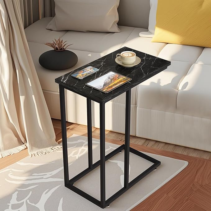 VECELO C Shaped End Side Table for Sofa Couch and Bed Snack TV Tray for Living Room Bedroom, 1 Set, Black Marble