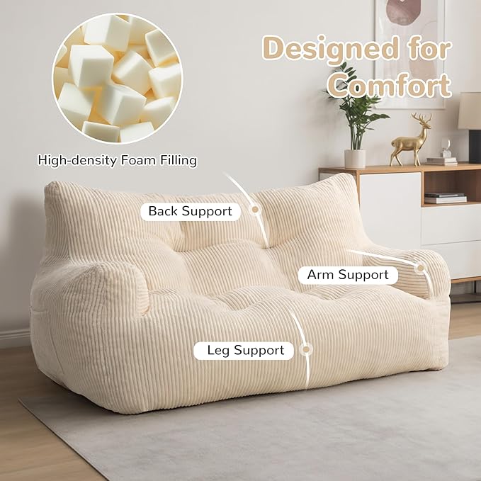 Pamapic Bean Bag Chair,2 Seat Loveseat Sofa,Ultra Soft Dutch Velvet,Fluffy Comfort Washable Cover,Corduroy Lazy Sofa Bed for Adults,Fit Living Room, Bedroom,Outdoor Spaces,White
