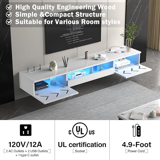 Floating TV Stand, 71" Floating Entertainment Center Wall Mounted,Floating Wall Mounted TV Shelf with Led Lights and Power Outlet,Modern High Gloss tv Cabinet Media Console with Storage