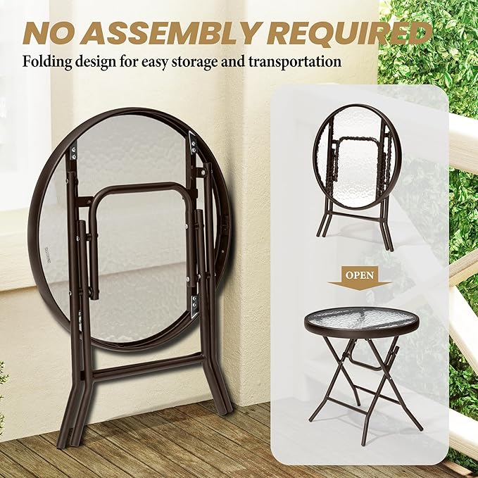 Foldable Patio Side Table Set of 2 with Tempered Glass Top 18" Folding Outdoor Side Tables Set of 2 Small Glass Patio End Tables for Porch Yard Balcony Deck Lawn Dining Garden (Brown)