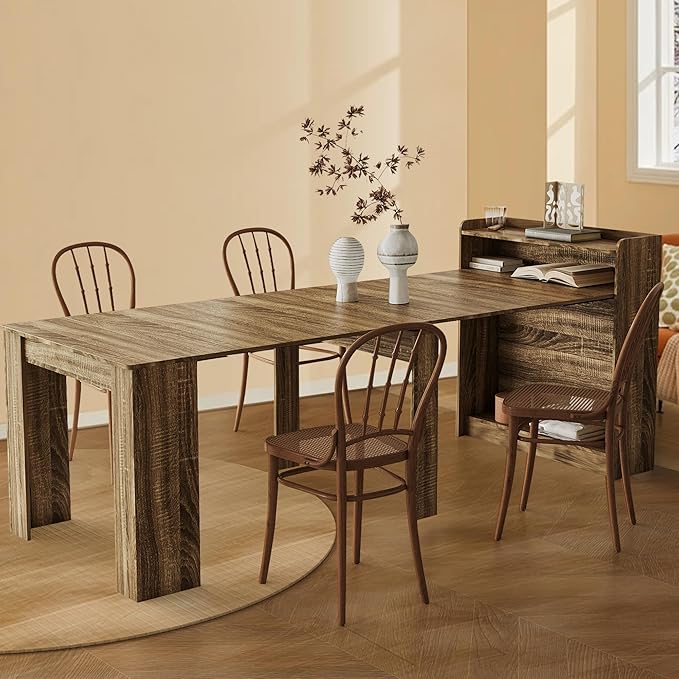 Expandable Dining Table, Convertible Table for Dining Room, Kitchen and Small Spaces, for 2-7 People(with Storage Shelf), Barnwood Brown