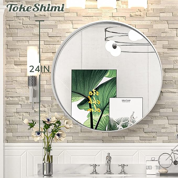 TokeShimi Round Mirror 24 Inch Brushed Silver Round Bathroom Mirror for Wall Non-Rusting Aluminum Alloy Brushed Silver Matte Metal Frame Modern Circle Mirror Multi Style Home Decor