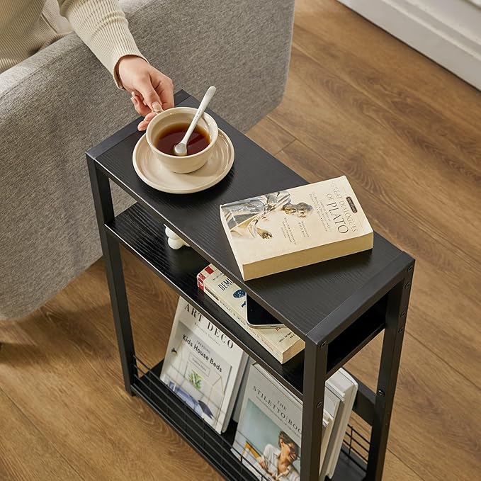 IBUYKE Narrow Side Table with Storage Shelf, 3 Tier End Table,Modern Sofa Table,Small Nightstand with Magazine Rack,Telephone Table for Small Spaces,for Living Room, Bedroom,Black UTMZ001B