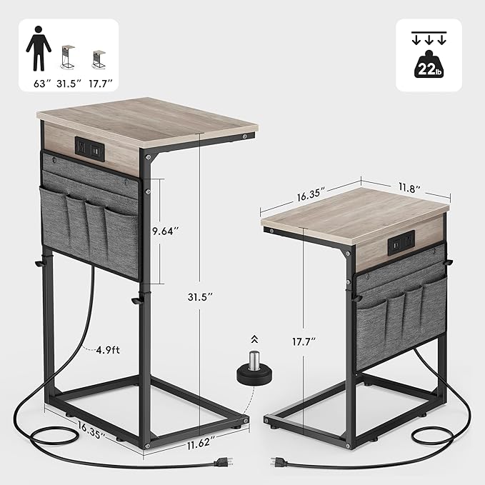 Vagusicc C-Shaped End Table Set of 2 with Charging Station, Small Side Table for Couch, Adjustable Height Couch Side Table, Slide Under Sofa Table TV Tray Tables for Living Room, Bedroom,Bedside, Gray