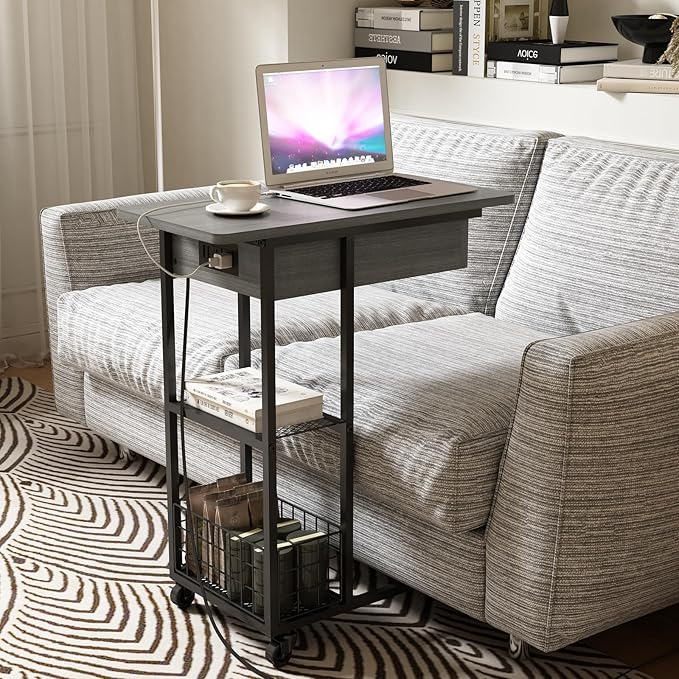 LIDYUK C Shaped End Table with Charging Station, Flip Top Side Table with USB Ports and Outlets, C Table Sofa Table with Storage Shelf for Living Room, Bedroom, Dark Grey