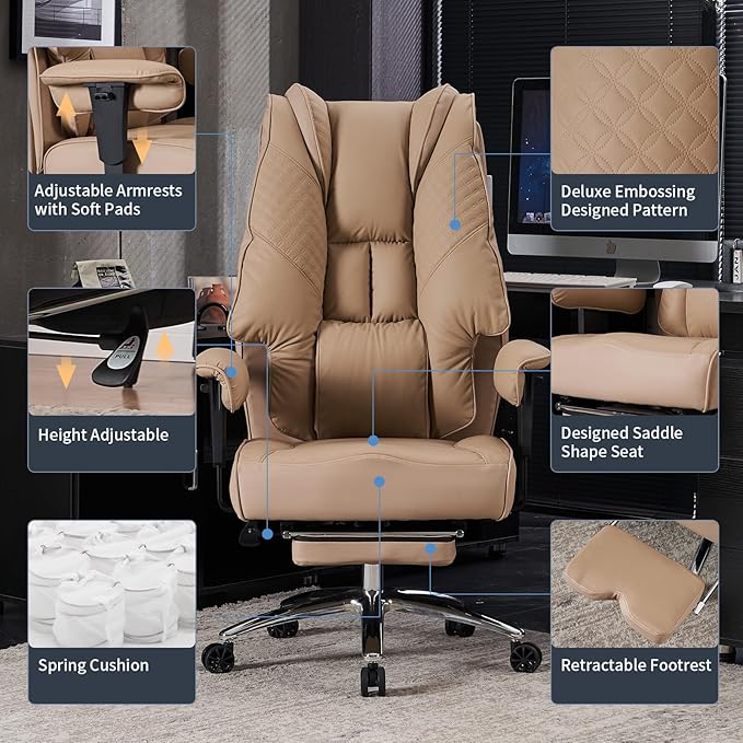 Big and Tall Office Chair 400lbs Wide Seat, Leather High Back Executive Office Chair with Foot Rest, Ergonomic Chairs Lumbar Support for Lower Back Pain Relief (Brown)