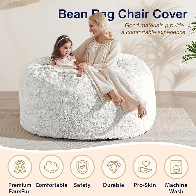 Giant Bean Bag Covers Only, Fluffy Stuffed Beanbag Chair Covers No Filler, Washable Bean Bags Cover for Adults, Stuffed Animal Bean Bag Anti-Slip, 6FT, White