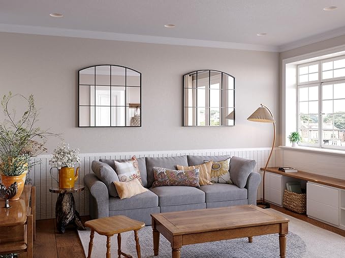 Window Pane Black Mirror, 36" x 36" Farmhouse Arched Wall Mirror, Large Arch Grid Mirror for Living Room Bedroom Farmhouse Fireplace Hallway Entryway