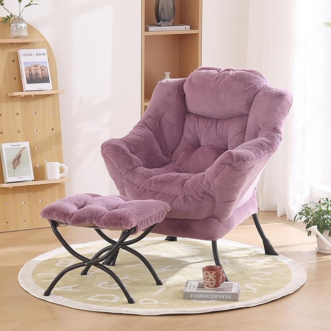 Oversized Chair with Ottoman, Modern Chair with Folding Footrest, Lounge Accent Chair, Comfortable Reading Chair for Bedroom, Study, Living Room, Courtyard (Plush Purple)