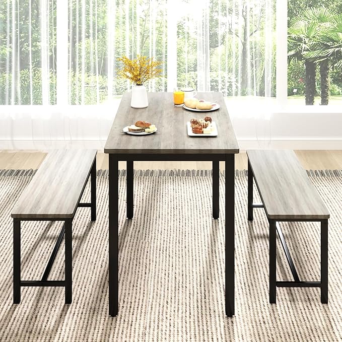 Rovibek Dining Room Table Chairs Set for 4, Modern Space Saving Kitchen Table with 2 Benches & Adjustable Feet Breakfast Table, Farmhouse Wooden Industrial Style, 43", Grey