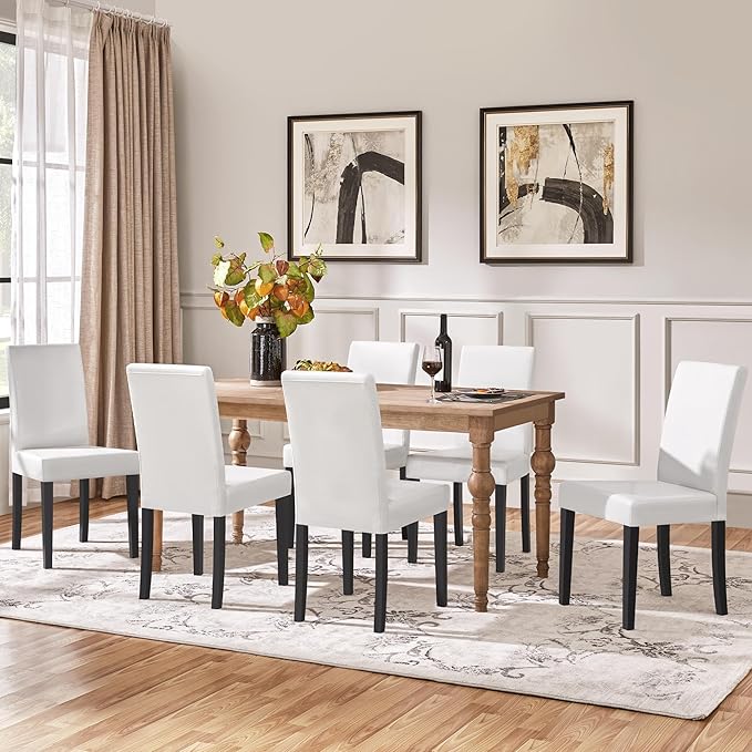 Yaheetech Dining Chairs Set of 6 Faux Leather Modern Dining Room Chairs with Rubberwood Legs and Padded Seat for Kitchen/Living Room/Restaurant, White