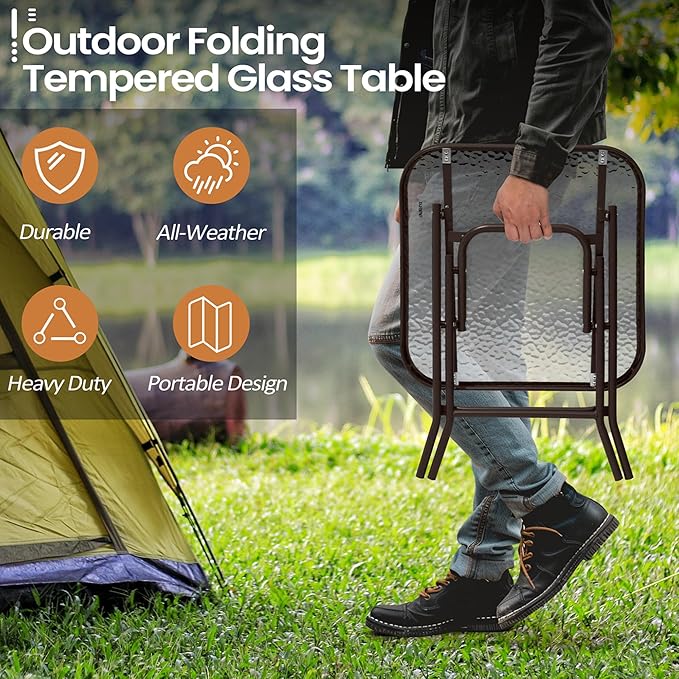 Foldable Outdoor Side Table Set of 2 with Tempered Glass Top Square 18" Folding Patio Side Tables Set of 2 Small Glass End Table for Patio Porch Yard Balcony Deck Lawn Dining Garden (Brown)