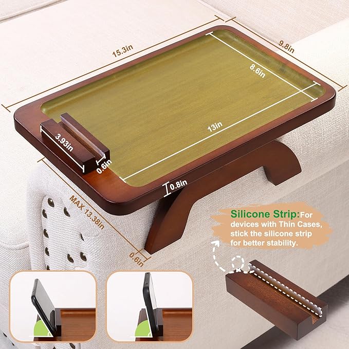 SINWANT Couch Arm Tray, Bamboo Couch Arm Table with 360° Rotating Phone Holder,Sofa Armrest Tray for Eating,Drinks,Snacks, Remote Control