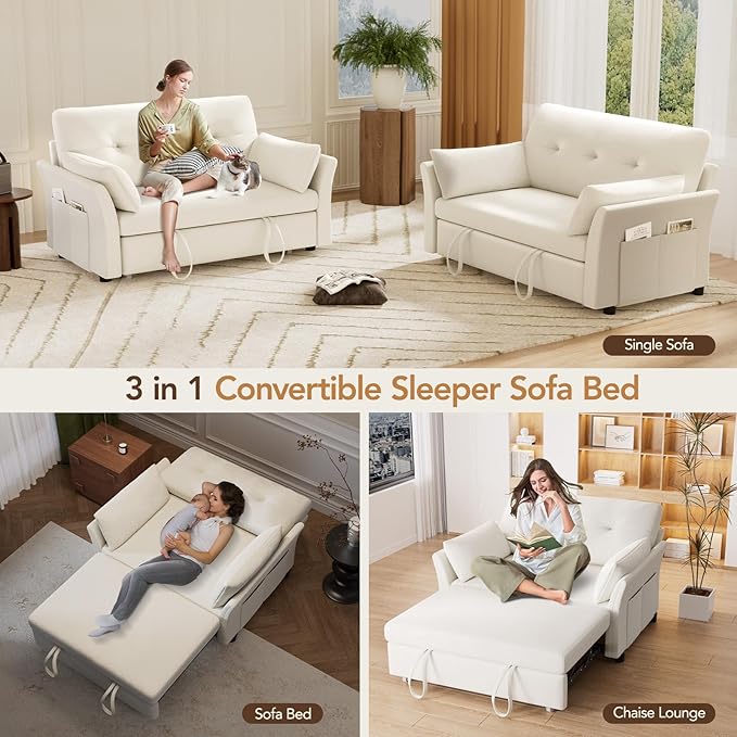 Vipbear 3-in-1 Chenille Convertible Sofa Bed, Pull Out Sleeper Sofa with Reclining Backrest & Side Pocket, Tool-Free Assembly, Folding Loveseat for Living Room, Apartment, White