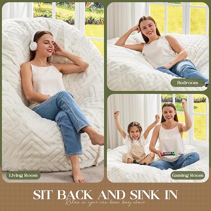 Hobestluk Bean Bag Chairs Adults Beanbag Chair with Filler Large Bean Bags with Fluffy Embossed Cover, Giant Bean Bag Chairs for Adults (White, 4FT - 44” x 44” x 24”)