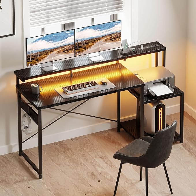 AODK Computer Desk, 56 Inch Gaming Desk with Led Lights & Power Outlet, Office Desk with Storage Shelves, Reversible Desk with Monitor Shelf & Headphone Hook, Carbon Fiber Black