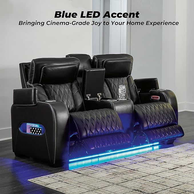 Signature Design by Ashley Boyington Modern Leather Match Power Reclining Loveseat with Console, Adjustable Headrest, Massage, Heated Seat and LED Lights, Black