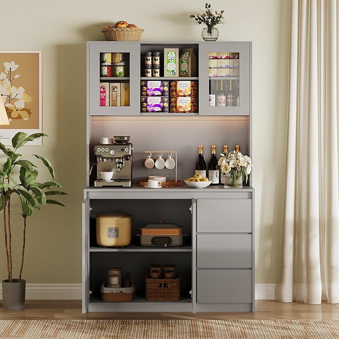 Kitchen Pantry Cabinet,71" Tall Storage Cabinet with Doors and Shelves Adjustable, Kitchen Storage Hutch with Microwave Shelf, Led Lights and Charging Station,Corner Pantry Cabinet,Grey