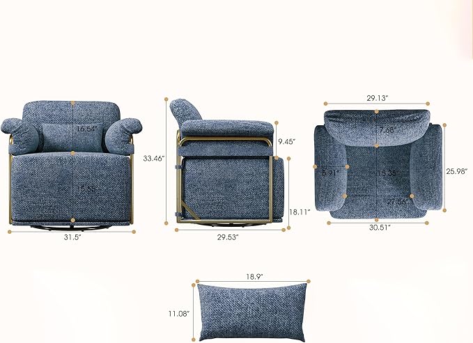 KEIKI Modern Comfy Swivel Accent Reading Chair with Waist Pillows, 360°Square Upholstered Barrel Armchair Single Club Lounge Sofa Chairs for Living Room,Bedroom,Office,Blue