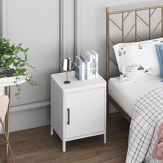 Nightstand with 1 Door, Metal Side Table with Wooden top for Bedroom, Living Room and Dorm 15.75 x 15.67 x 21.26 Inches (1 Door, Cream)
