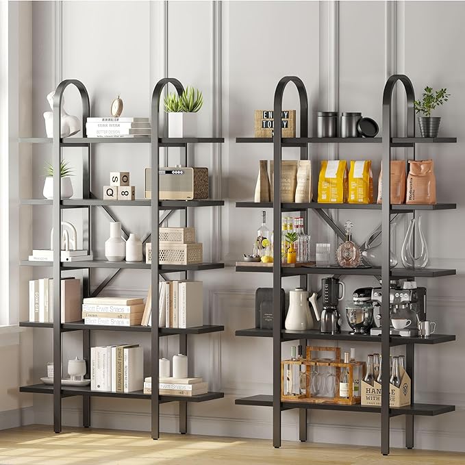 Wide Bookshelf Arched Bookcase, Industrial 5 Tier Open Book Shelves with Metal Frame, 72" Tall Freestanding Heavy Duty Display Rack for Home Office, Living Room,Black,Easy Assembly