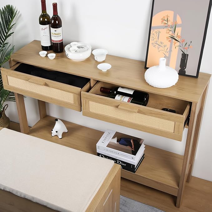 Console Table with Rattan Drawers, Boho Rattan Entryway Table with Storage, Wood Small Console Tables for Entryway, Entry Table for Hallway, Sofa Table