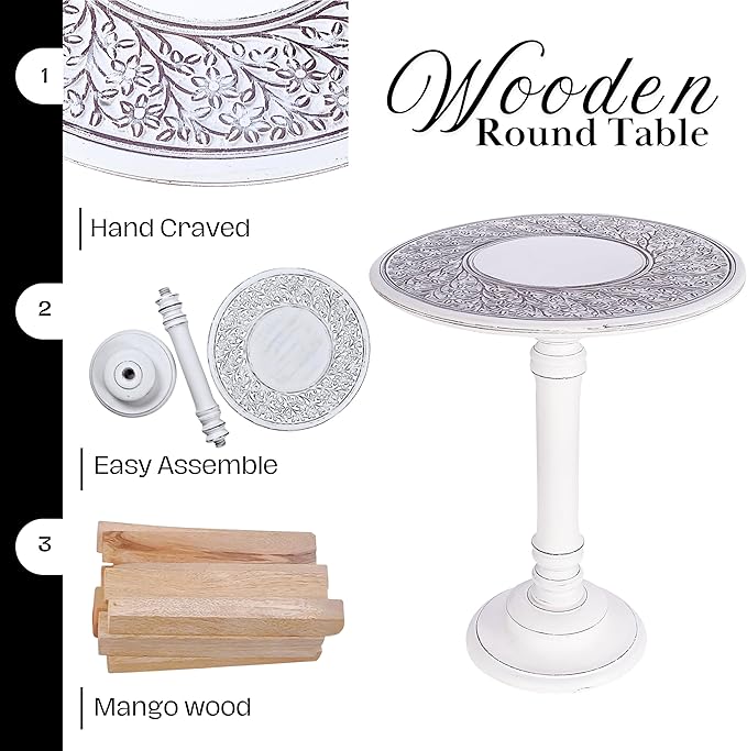 The Wooden Town Antique White Round Coffee Table – 18x22 Wood Accent Side Table for Living Room, End Table for Books & Plants, Small Altar Table