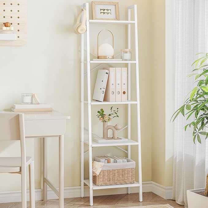Ladder Shelf, Bookshelf Bookcase, Freestanding Corner Storage Shelve with 2 Hooks for Home Office, Living Room, Kitchen, Bedroom, Industrial, 5-Tier White BC19213W