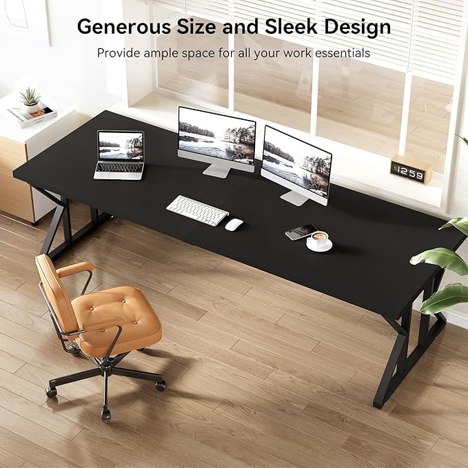 LITTLE TREE 78.7 Inch Large Executive Desk, Extra Long Computer Office Desk Workstation, Modern Simple Style Laptop Table, Sturdy Wooden Writing Workstation for Home Black
