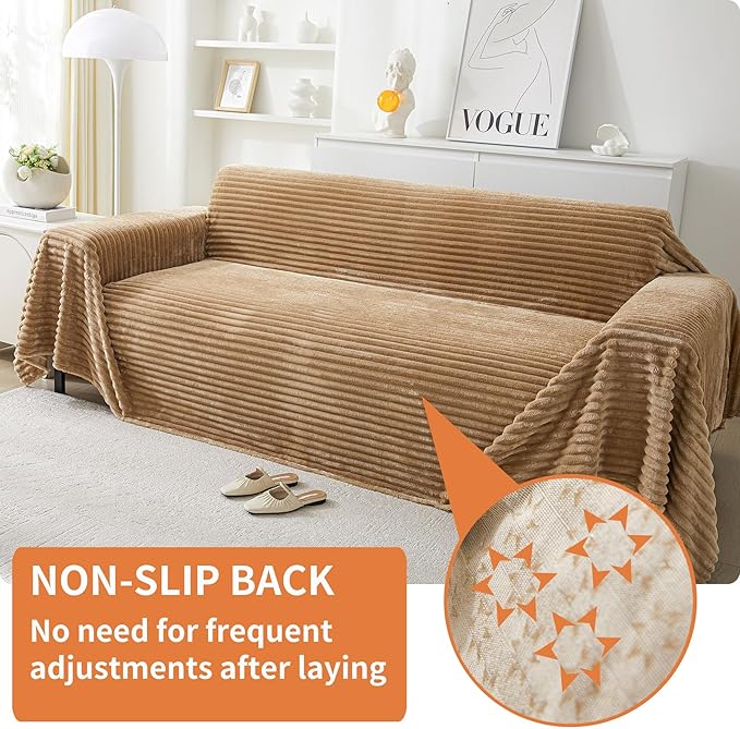 HAOMAIJIA Faux Fur Sofa Covers Couch Covers for 2 Cushion Couch Sofa Pet Friendly Soft Non Slip Couch Cover for Dogs Washable Sectional Couch Covers L Shape Furniture Protector (Khaki, 71"x102")