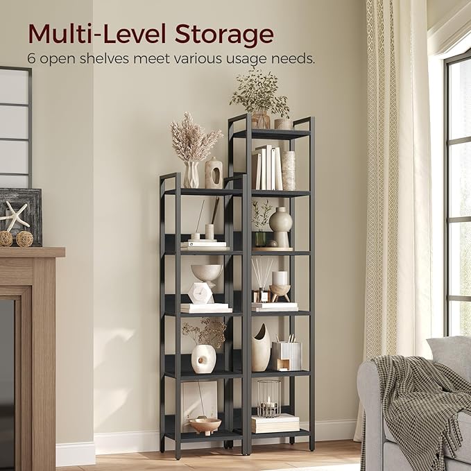 Bookshelf, 6-Tier Bookcase, Standing Book Shelf for Small Space, Storage Shelf Organizer, for Living Room, Bedroom, Study, Balcony, Black BKHB6601