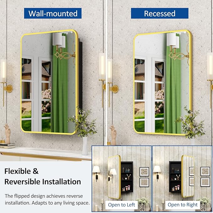 20x28 Inch Gold Recessed Medicine Cabinet with Mirror Metal Framed Surface Wall Mounted Bathroom Medicine Cabinet Mirror with Storage