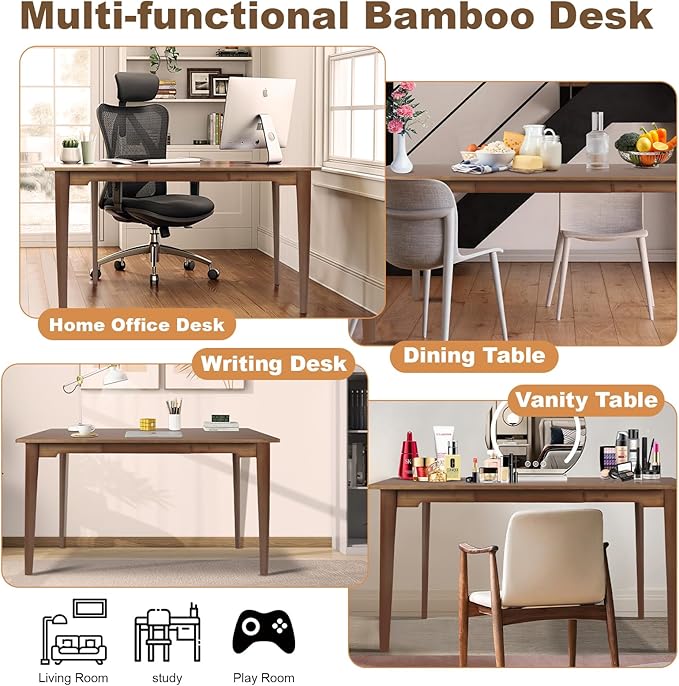 47" Bamboo Computer Desk Study Desk Home Office Desk Writing Table with Drawer, Modern Study Solid Bamboo Multipurpose Table, for Living Room, Bedroom, Walnut Color