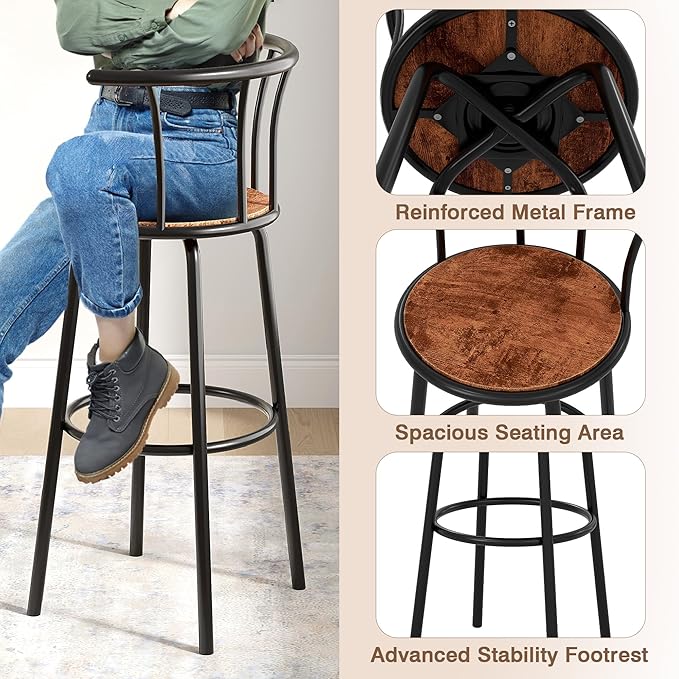 VECELO Bar Stools Set of 2, Swivel Counter Stools with Backrest, Bar Height Stools for Dining Room, Kitchen Island, Pub, Easy Assembly, Dark Brown