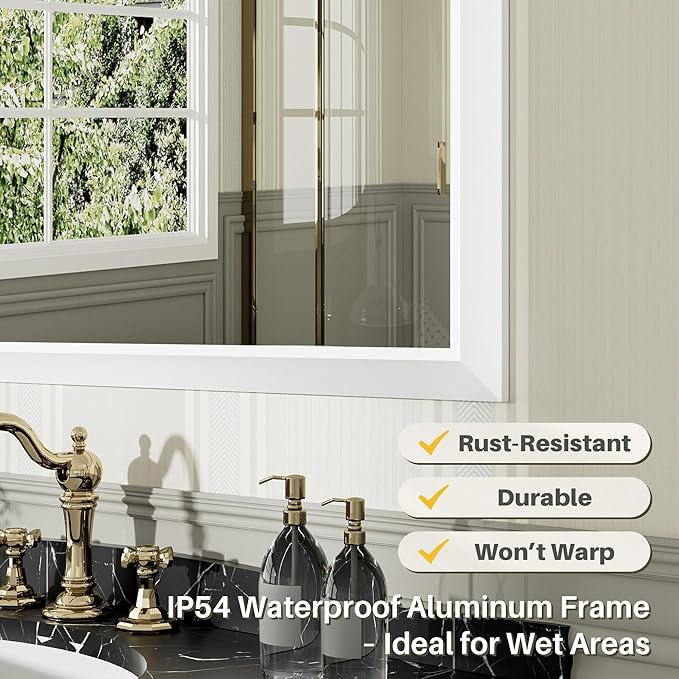 48x32 Inch White Bathroom Mirror for Wall, Thick Metal Framed Rectangle Mirrors for Over Sink, Bedroom, Living Room, Entryway, Anti-Rust, HD Tempered Glass