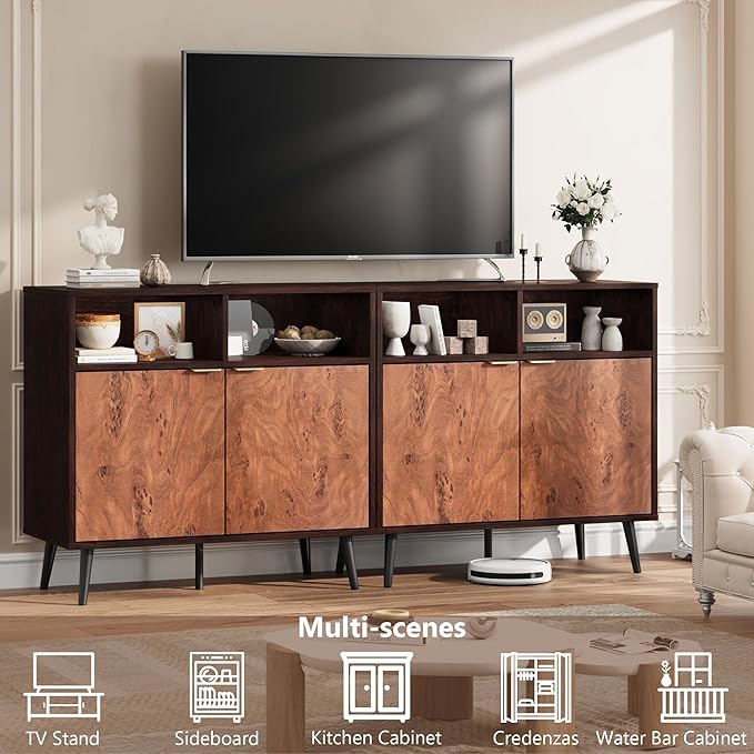 GarveeHome Buffet Cabinet with Drawers, 31.5'' Large Sideboard Buffet Credenza Storage Cabinet with Shelves and Doors, Coffee Station Cabinet with Metal Handle, Robot Vacuum Friendly (Walnut)