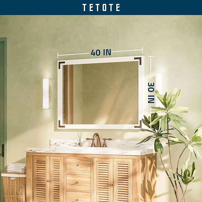 TETOTE 40 x 30 White Wood Framed Mirror for Bathroom Wall/Bedroom/Living Room/Entryway Farmhouse Rustic Bathroom Vanity Mirror Waterproof (Horizontal/Vertical Mounted)