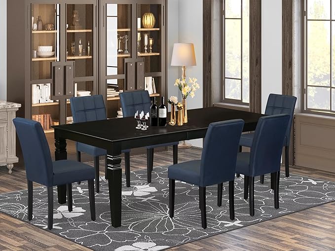 East West Furniture LGAS7-BLK-09 7 Piece Dining Table Set Consists A Wooden Table and 6 Dark Navy Blue Polyester Fabric Modren Dining Chairs with Stylish Back- Black Finish
