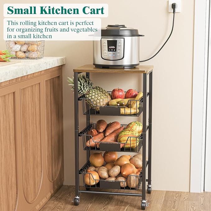 Kitchen Storage Cart with Wheels, 4-Tier Metal Utility Rolling Cart Fruit Vegetable Storage Basket Pantry Rack with Wood Top & Pull Out Baskets for Kitchen, Livingroom, Diningroom, Office