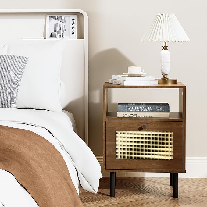 Rattan Nightstand with Storage Boho Modern Farmhouse Bedside Table with Drawer & Open Shelf Light Wood End Table for Bedroom, Living Room, Office, Dorm - Natural Walnut 0ak Color