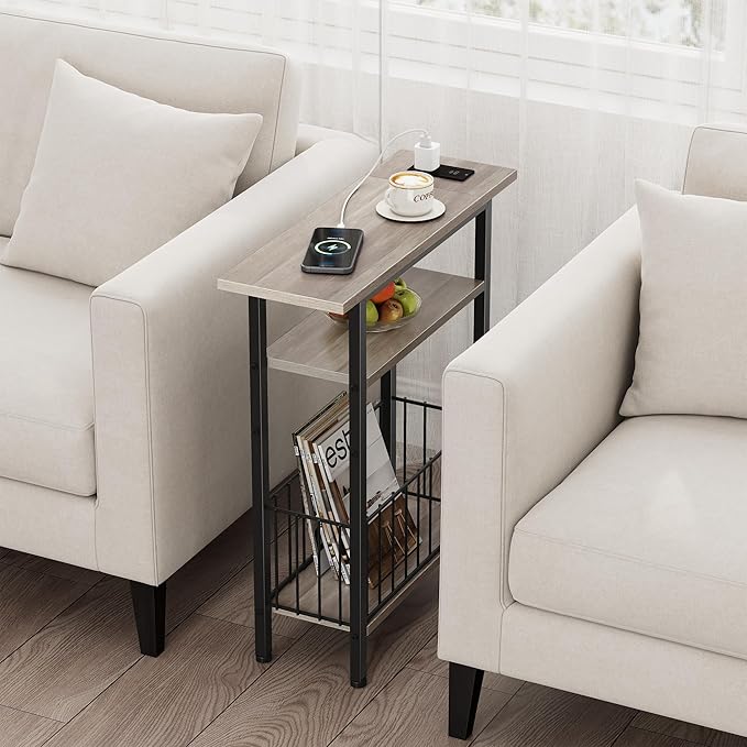 Vagusicc Narrow Side Table with Charging Station, Skinny Side End Table for Couch, 3-Tier Small End Tables for Small Spaces, 25.2" Tall Slim Nightstand Bedside Table for Living Room, Bedroom, Greige