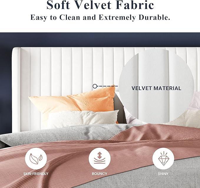Allewie Queen Size Velvet Bed Frame/Vertical Channel Tufted Wingback Headboard/Upholstered Platform Bed/Strong Wooden Slats/No Box Spring Needed/Easy Assembly/White